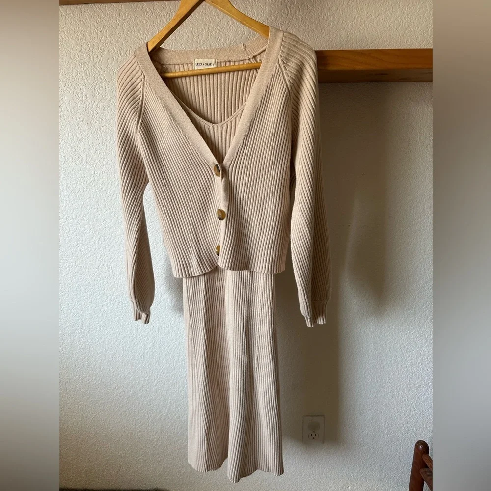 Luca + Grae Dress & Cardigan Sweater Ribbed Body-con Set Tan Size Medium - Picture 2 of 7